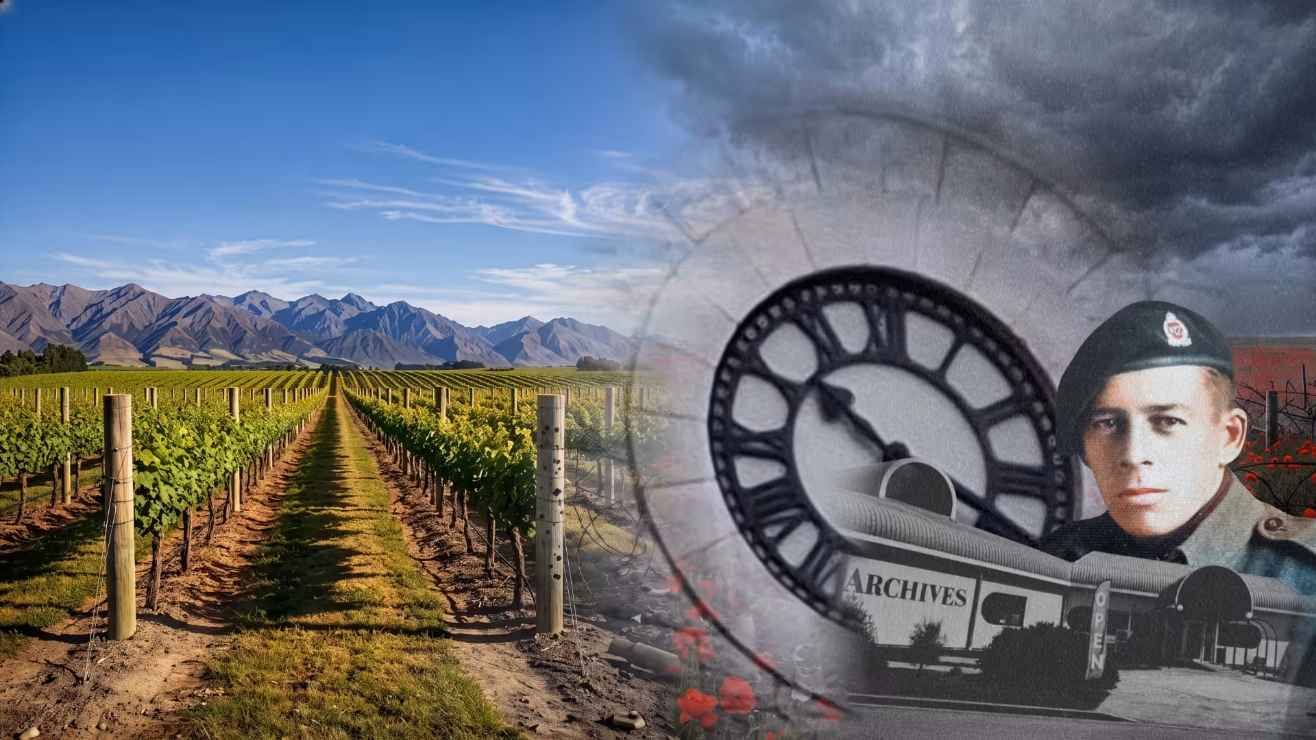 Panoramic artwork showing Marlborough vineyards and hills in colour fading to black-and-white WWII battlefields, overlaid with a soldier's portrait and the museum building.
