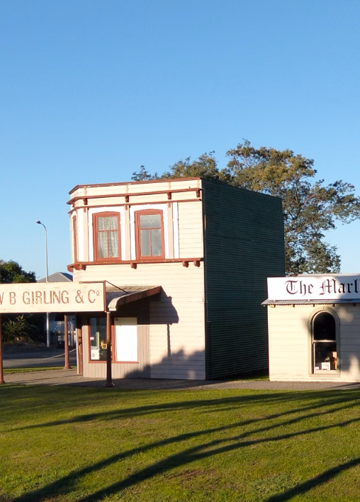 Colour photograph of the replica Girling and Co. and Marlborough Express newspaper buildings at Beavertown, Brayshaw Park.