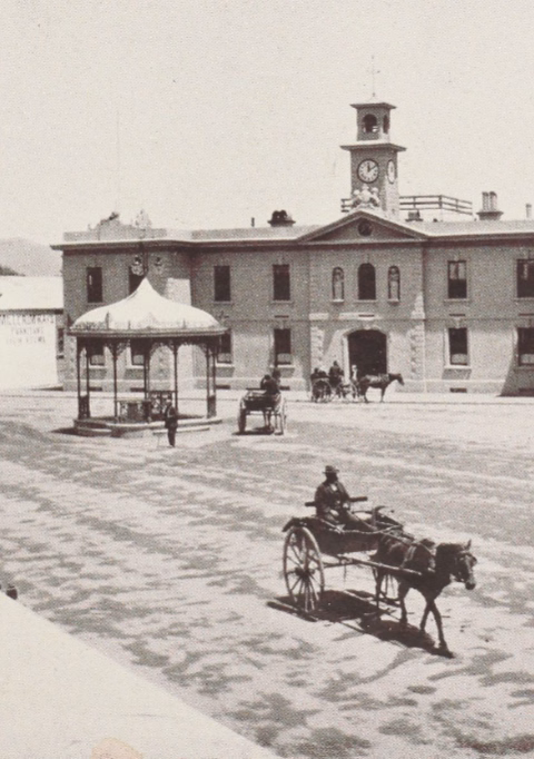Black-and-white photograph of the Government Buildings in Blenheim.