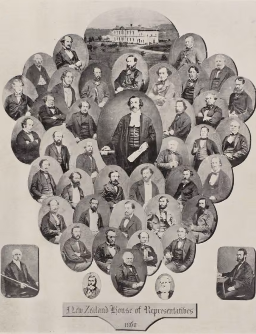 Historic photomontage of the 1860 New Zealand House of Representatives, featuring Speaker Sir Charles Clifford at the centre surrounded by oval portrait vignettes of members.